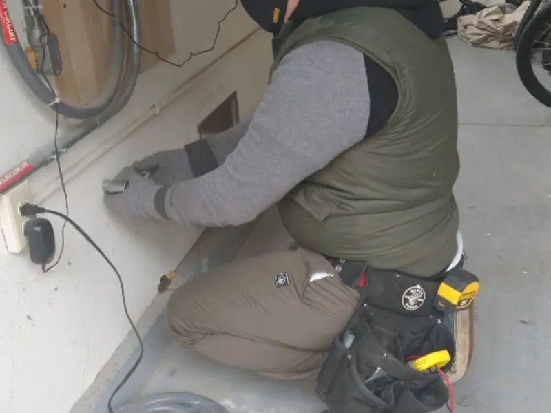 Electrician performing outlet wiring in a Long Lake garage
